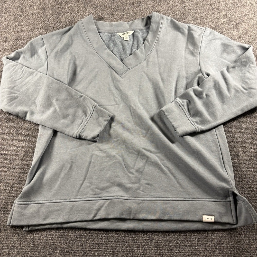 Orvis Sweatshirt Womens Small Blue Gray V-Neck Modal Blend Fleece Lined Pullover